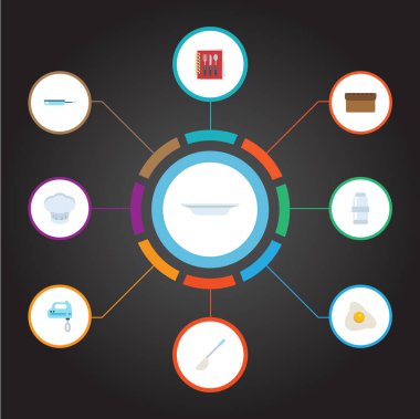 Blender, omlet, baharat ve diğer vektör öğeleri düz. Mutfak düz simgeler kümesi de yemek, üniforma, Mikser nesneleri içerir.