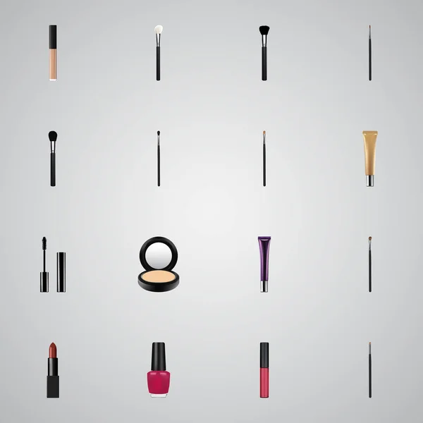 Realistiska Pomade, Brow Makeup verktyg, kontur stil Kit och andra Vector-element. Uppsättning Maquillage realistiska symboler innehåller också höjdpunkt, Rouge, lack objekt. — Stock vektor