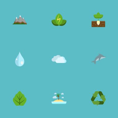 Düz Eko enerji, oynak balık, manzara vektör öğeleri. Doğa düz simgeler kümesi da bulutlu, yeniden kullanım, ada nesneleri içerir.