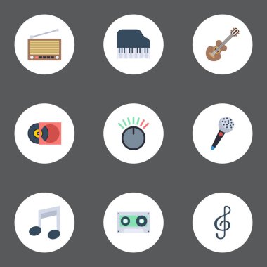 Karaoke, bant, akustik ve diğer vektör öğeleri düz. Müzik düz simgeler kümesi de içerir Not, tokmak, Retro nesneleri.