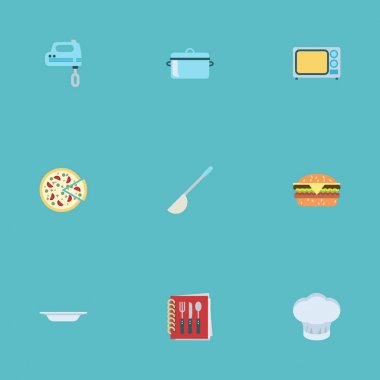 Düz tabak, çorba kaşığı, elektrikli soba ve diğer vektör öğeleri. Düz sembolleri pişirme seti de hamburger, kitap, güveç nesneleri içerir.