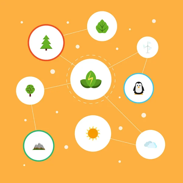 Madera plana, follaje, cielo y otros elementos vectoriales. El sistema de símbolos planos Eco también incluye naturaleza, árbol, objetos del sol . — Vector de stock