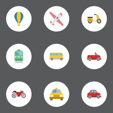 Uçak, taşıma, Scooter ve diğer vektör öğeleri düz. Gökyüzü, tren, motosiklet nesneleri taşıma düz simgeler kümesi de içerir.