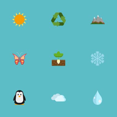 Düz gökyüzü, güneş, Filiz ve diğer vektör öğeleri. Yeşil düz simgeler kümesi de Blob, kar tanesi, su nesneleri içerir.