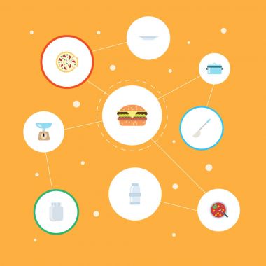 Düz cam kap, baharat, İtalyan pizzacı ve diğer vektör öğeleri. Gıda düz simgeler kümesi de Can, kavanoz, ölçüm nesneleri içerir.