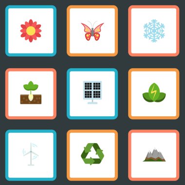 Düz çiçeği, güzellik böcek, eko enerji ve diğer vektör öğeleri. Çevre düz simgeler kümesi de içerir güneş, koruma, çiçeği nesneleri.