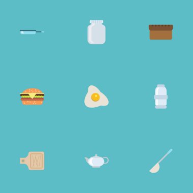 Düz tava, çaydanlık, cam kap ve diğer vektör öğeleri. Gıda düz simgeler kümesi de içerir somun, yumurta, tava nesneleri.