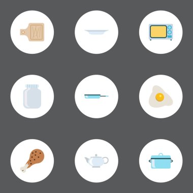 Güveç, omlet, cam kap ve diğer vektör öğeleri düz. Düz sembolleri pişirme seti de içerir tava, çanak, Dishware nesneleri.