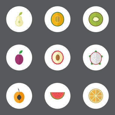 Çin, kavun dilimi, egzotik tatlı ve diğer vektör öğeleri düz. Ayrıca kuru soğan, narenciye, kavun nesneleri içeren küme Berry düz sembolleri.