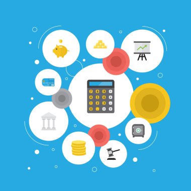 Para Kasası, ödeme, küçük değişiklik ve diğer vektör öğeleri düz. İş düz simgeler kümesi de banka, hesap makinesi, muhasebe nesneleri içerir.