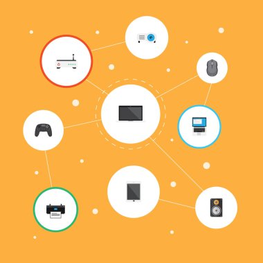 Dizüstü bilgisayar, sunum, Joystick ve diğer vektör öğeleri düz. Dizüstü düz simgeler kümesi de Pc, fare, Modem nesneleri içerir.