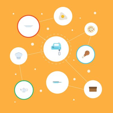 Düz tabak, tava, çaydanlık ve diğer vektör öğeleri. Düz sembolleri pişirme seti de yumurta, ekmek, tek tip nesneleri içerir.