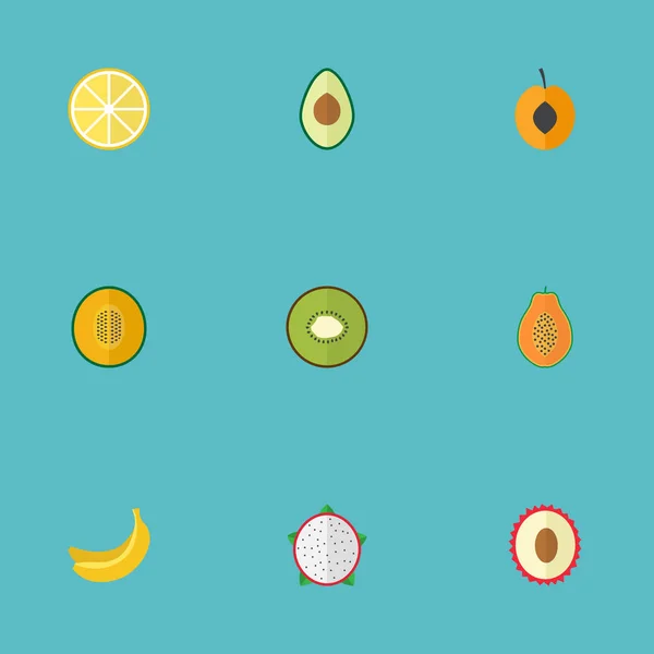 평평한 이국적인 디저트, 여 주, 파파야 및 기타 벡터 요소. 과일 플랫 기호 집합 또한 살구, 과일, 레몬 개체 포함. — 스톡 벡터