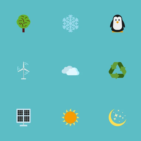 Flat Electric Mill, Winter Snow, Sunshine And Other Vector Elements. Set Of Environment Flat Symbols Also Includes Moon, Recycle, Overcast Objects. — Stock Vector