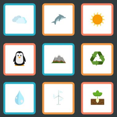 Oynak balık, koruma, güneş ve diğer vektör öğeleri düz. Doğa düz simgeler kümesi de içerir koruma, bulutlu, oynak nesneleri.