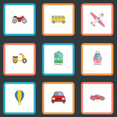 Zeplin, Scooter, motosiklet ve diğer vektör öğeleri düz. Otomatik düz simgeler kümesi de içerir motosiklet, balon, otobüs nesneleri.