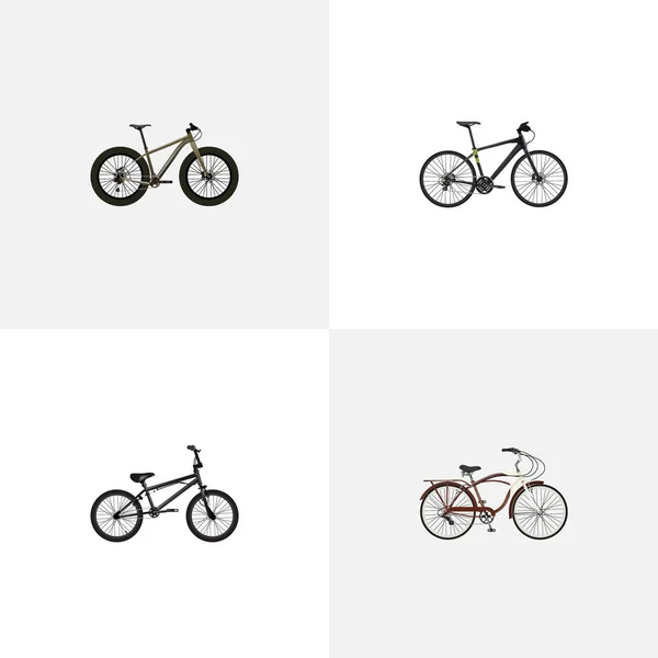 Ciclismo extremo realista, velocidad híbrida, bicicleta de viaje y otros elementos vectoriales. El sistema de símbolos realistas del estilo de vida también incluye Bmx, bici, objetos híbridos . — Vector de stock