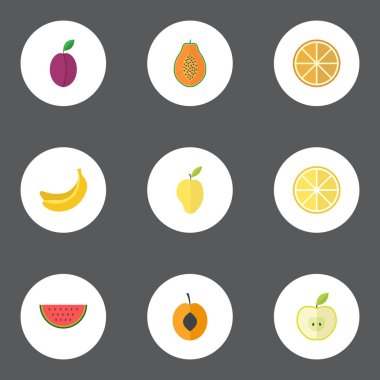 Kireç, Mango, kayısı ve diğer vektör öğeleri düz. Ayrıca portakal, karpuz, meyve nesneleri içeren küme tatlı düz sembolleri.