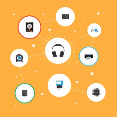 Kulaklık, Laptop, sunum ve diğer vektör öğeleri düz. Defter düz simgeler kümesi de içerir avuçiçi, anakart, sert cisimler.