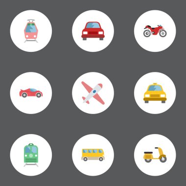 Otobüs, taksi, otomotiv ve diğer vektör öğeleri düz. Bisiklet, uçak, araç nesneleri taşıma düz simgeler kümesi de içerir.