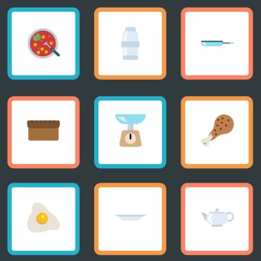 Kızarmış tavuk, ekmek, et suyu ve diğer vektör öğeleri düz. Mutfak düz simgeler kümesi de içerir suyu, ağırlık, ekmek nesneleri.