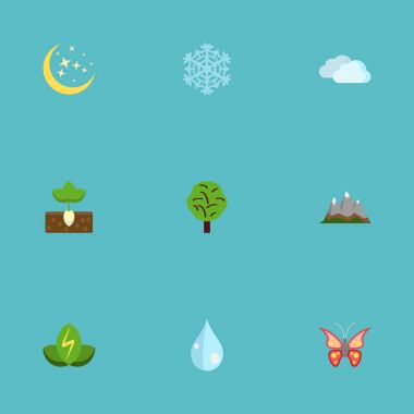 Lama Filiz, eko enerji, vektör öğeleri manzara. Eco düz simgeler kümesi de bulutlar, güve, gökyüzü nesneleri içerir.