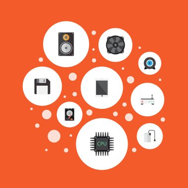 Amplifikatör, avuçiçi, Sabit Disk ve diğer vektör öğeleri düz. Pc düz simgeler kümesi de yayın, vantilatör, amplifikatör nesneleri içerir.