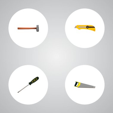 Gerçekçi marangoz, ileti örneği bıçak, testere ve diğer vektör öğeleri. Kit gerçekçi simgeler kümesi de içerir tornavida, marangoz, balyozla nesneleri.