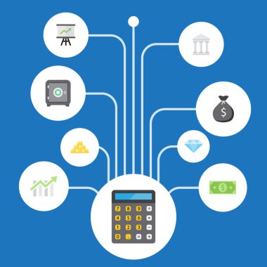 Para, kasa, muhasebe ve diğer vektör öğeleri düz. Düz sembolleri bankacılık da içerir mücevher, para, para birimi nesneleri.