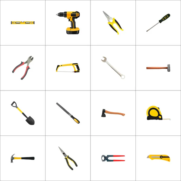 Realistic Stationery Knife, gunting, Forceps And Other Vector Elements (dalam bahasa Inggris). Set Of Instruments Realistic Symbols Also Includes Saw, Cutter, Roller Objects . - Stok Vektor