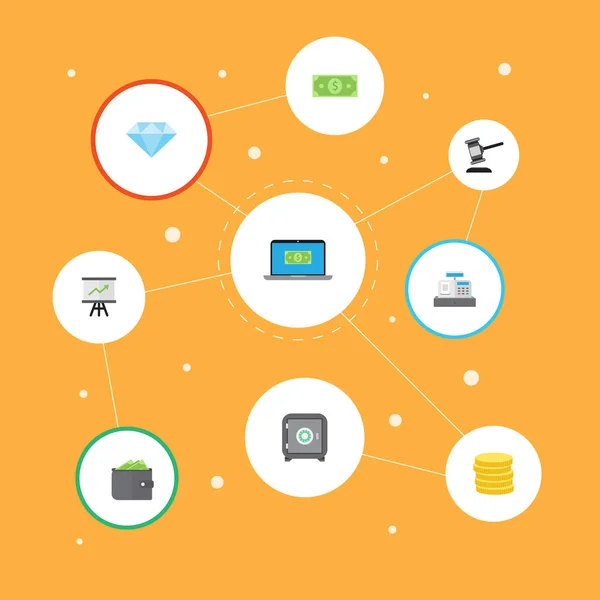 Pequeño cambio plano, computadora, gráfico de crecimiento y otros elementos vectoriales. Conjunto de símbolos planos de finanzas también incluye veredicto, caja fuerte, objetos de martillo . — Vector de stock