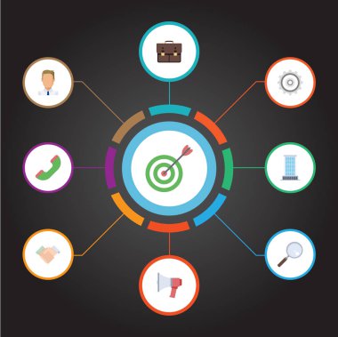 Düz el sıkışma, hoparlör, Portföy vektör öğeleri. Kariyer düz simgeler kümesi de el sıkışması, telefon, hedef nesneleri içerir.