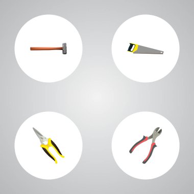 Gerçekçi tutamacı isabet, demir testeresi, forseps vektör öğeleri. İnşaat gerçekçi simgeler kümesi de kesme makineleri, enstrüman, nesneleri içerir.