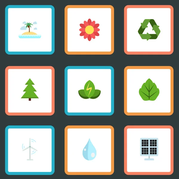 Flat Tree, Eco Energy, Isle Beach And Other Vector Elements. Set Of Environment Flat Symbols Also Includes Beautiful, Foliage, Power Objects. — Stock Vector