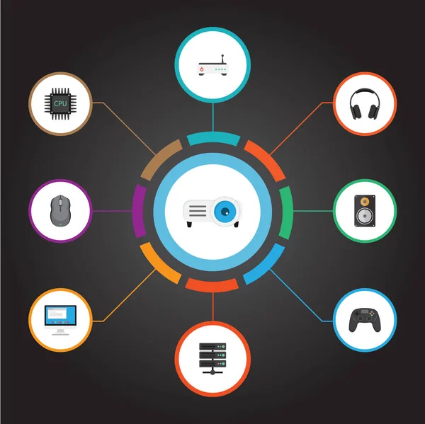 Płaski, Joystick, urządzenie sterujące, wzmacniacz i innych elementów wektora. Zestaw Pc płaskim symboli zawiera także kontroli, słuchawki, słuchawki obiektów. — Wektor stockowy