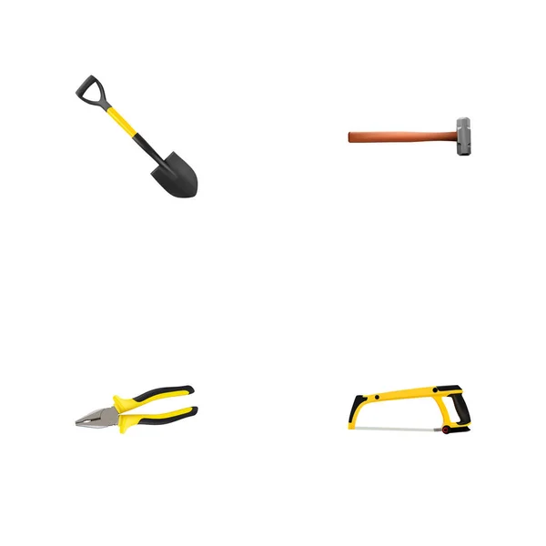 Realistiska Arm-såg, handtag Hit, Spade Vector-element. Uppsättning instrument realistiska symboler innehåller även verktyg, Tänger, spade objekt. — Stock vektor