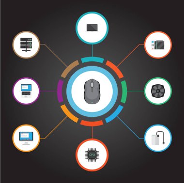 Mikroişlemci, kontrol cihazı, monitör ve diğer vektör öğeleri düz. Pc düz simgeler kümesi de havalandırma, ekran, bilgisayar nesnelerini içerir.