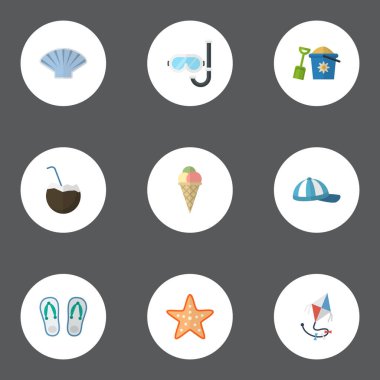 Düz Aqualung, terlik, kabuklu ve diğer vektör öğeleri. Beach düz simgeler kümesi de içerir Beach, Star, Palm nesneleri.