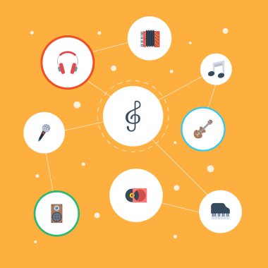 Düz oktav klavye, Retro disk, kulaklık ve diğer vektör öğeleri. Müzik düz simgeler kümesi de içerir stüdyo, müzik, ses nesneleri.