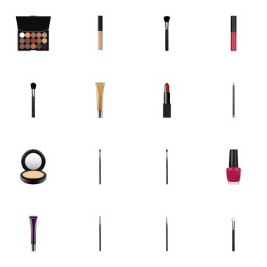 Gerçekçi kaş makyaj aracı, kozmetik sopa, pomad ve diğer vektör öğeleri. Kozmetik gerçekçi simgeler kümesi de göz farı, göz, Püskül nesneleri içerir.