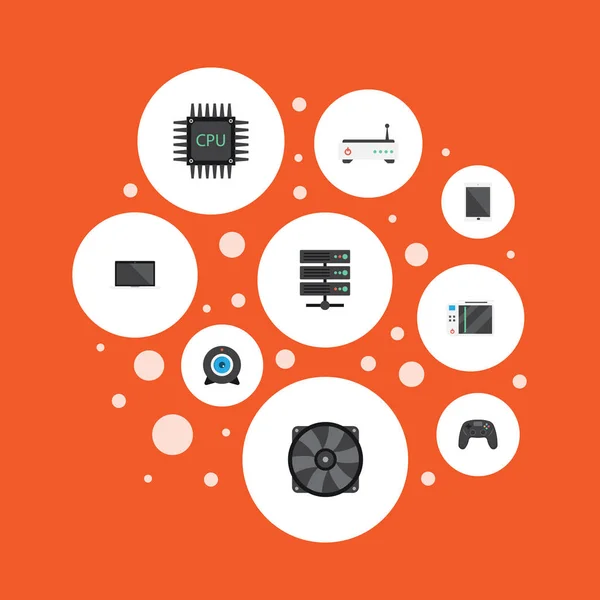 Cam Web plat, Datacenter, Palmtop et autres éléments vectoriels. Ensemble de symboles plats pour ordinateur portable comprend également le routeur, la carte mère, les objets Cpu . — Image vectorielle