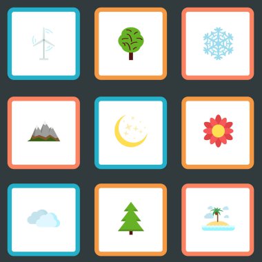 Düz çiçeği, elektrik Mill, gece ve diğer vektör öğeleri. Çevre düz simgeler kümesi de içerir Ladin, değirmen, güzel nesneler.