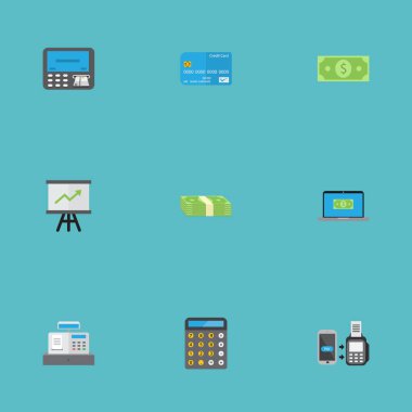 Muhasebe, bilgisayar, para ve diğer vektör öğeleri düz. Ticaret düz simgeler kümesi de içerir hesap makinesi, kart, grafik nesneleri.