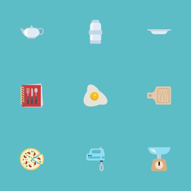 Defter pişirme, mutfak ölçümü, yemek ve diğer vektör öğeleri düz. Mutfak düz simgeler kümesi de kitap, yemek, kesme nesneleri içerir.
