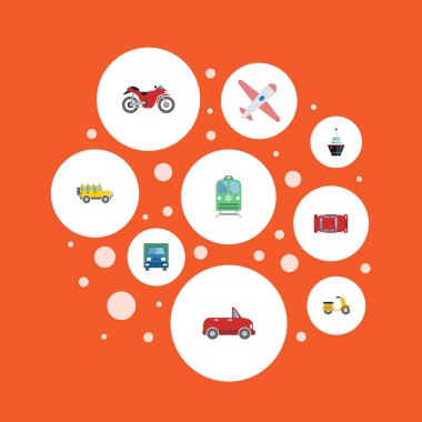 Tekne, Scooter, uçak ve diğer vektör öğeleri düz. Ayrıca kamyon, uçak, otomobil nesneleri içeren küme taşıma düz sembolleri.