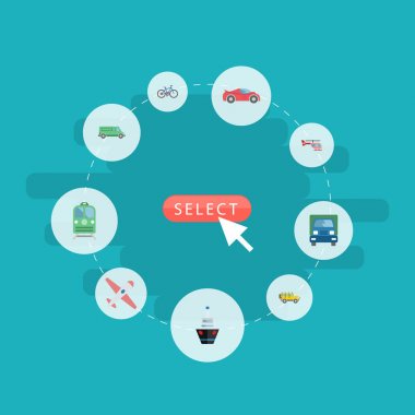 Uçak, Araba, Bisiklet ve diğer vektör öğeleri düz. Araç düz simgeler kümesi de içerir metro, kamyon, araç nesneleri.