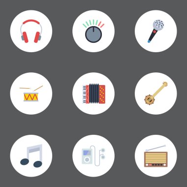 Karaoke, sesi sembolü, düğme ve diğer vektör öğeleri düz. Melodi düz simgeler kümesi de akordeon, tef, radyo nesneleri içerir.