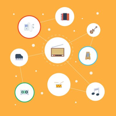 Ritim hareket, akustik, Mp3 çalar ve diğer vektör öğeleri düz. Müzik düz simgeler kümesi de içerir Not, akustik, sembol nesneleri.