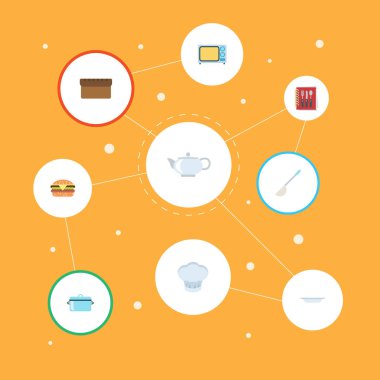 Çaydanlık, tencere, somun ve diğer vektör öğeleri düz. Mutfak düz simgeler kümesi de üniforma, Pan, mutfak nesneleri içerir.