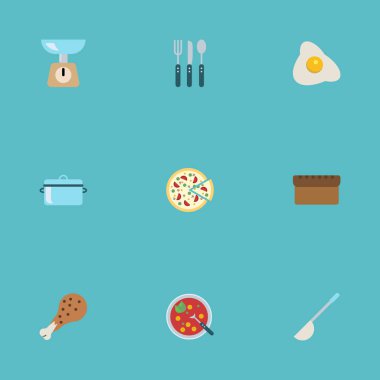 İtalyan pizzacı, çatal bıçak, ekmek ve diğer vektör öğeleri düz. Gastronomi düz simgeler kümesi de tavuk, yumurta, ekmek nesneleri içerir.